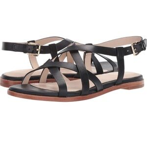 Cole Haan Analeigh Grand black strappy leather sandals with gold hardware luxury